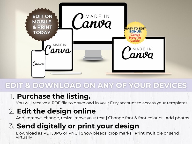May include: A digital illustration of a computer screen with the text "MADE IN Canva" displayed on it. The image also shows a phone and a laptop with the same text displayed on their screens. The text "EDIT & DOWNLOAD ON ANY OF YOUR DEVICES" is displayed below the image. The text "EDIT ON MOBILE & PRINT TODAY" is displayed in a brown circle in the upper left corner of the image. The text "EASY TO EDIT BONUS: Canva How-To Guide" is displayed in a yellow circle in the upper right corner of the image.