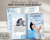 Editable Blue Adventure Awaits Baby Shower Activity Book, Blue Airplane Baby Shower Games Booklet Bundle, Up Up Away Games Magazine Template
