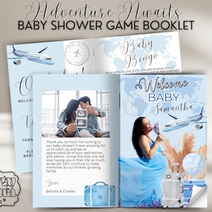 Cahier d'activités modifiable pour baby shower, L'aventure bleue vous attend, livret de jeux pour baby shower avion bleu, modèle de magazine de jeux Up Up Away