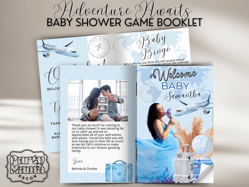 May include: A blue and white baby shower game booklet with a plane and a world map on the cover. The booklet includes games like "Baby Bingo" and a welcome message for "Baby Samantha".