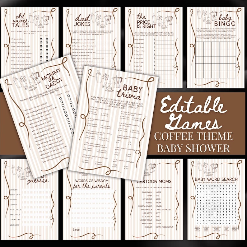 33 Editable Coffee Baby Shower Games Bundle, Editable Cafe Bebe Theme Games for Baby Shower Party, Whimsical Hand Drawn Baby Shower Games, HDCF