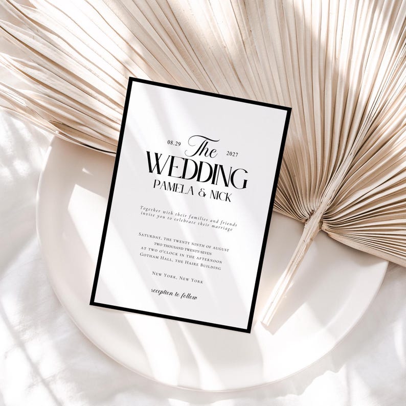 May include: A black and white wedding invitation with a minimalist design. The text reads "The Wedding" with the date "08.29.2027" and the names "Pamela & Nick". The invitation includes the details of the wedding ceremony and reception.