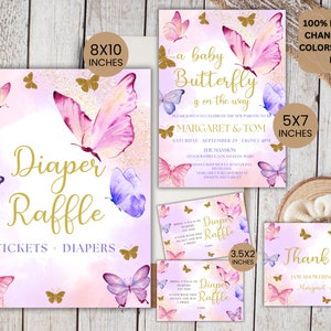 May include: A set of printable baby shower invitations and thank you cards featuring a pink and purple watercolor butterfly design with gold glitter accents. The text on the invitation reads "a baby butterfly is on the way" and the text on the thank you card reads "Thank you for showering us with love".
