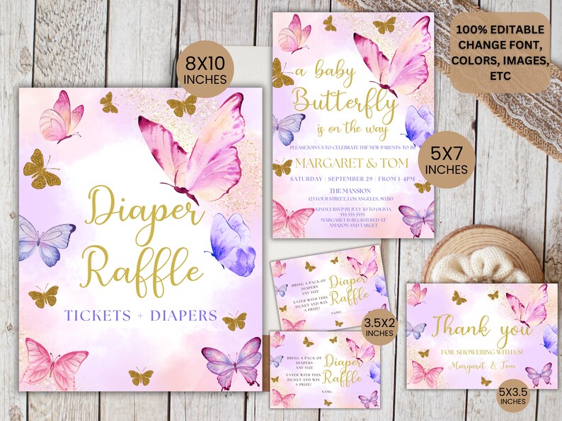 May include: A set of printable baby shower invitations and thank you cards featuring a pink and purple watercolor butterfly design with gold glitter accents. The text on the invitation reads "a baby butterfly is on the way" and the text on the thank you card reads "Thank you for showering us with love".