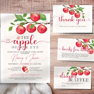 Apple of Our Eye Baby Shower Invitation Set, Editable Fall Baby Shower Invite, Autumn Theme Party, Apple Diaper Raffle Books for Baby, APLE