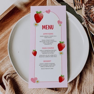Modèle de Menu de baby shower aux fraises, signe modifiable de nourriture sucrée de baies, menu du dîner de baies imprimable sur toile, menu de baby shower d'été, BRY2