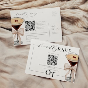 Espresso Martini QR-Code-RSVP-Postkarte, bearbeitbare Boho-Bogen-QR-Code-Rsvp, Rsvp-Qr-Code-Karte, moderner Rsvp-Qr-Code, einfache Rsvp-Vorlage