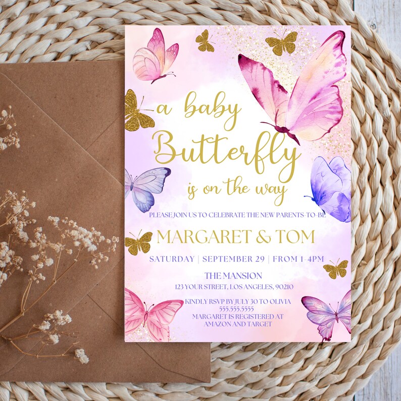 May include: A baby shower invitation with a pink and purple watercolor butterfly design. The text reads "A baby butterfly is on the way" and includes the names "Margaret & Tom".