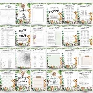 Your Main Event Prints Jungle Baby Shower Games - Set Of 4 Games (25 Each), Elephant Giraffe Monkey Theme