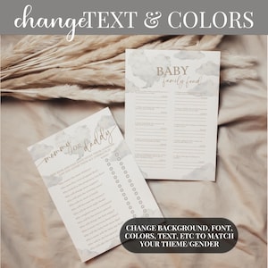 May include: Two printable baby shower game sheets. One is titled "Mommy or Daddy" with a list of questions. The other is titled "Baby Family Feud". Both have a watercolor cloud design and text that reads "Change Background, Font, Colors, Text, Etc to Match Your Theme/Gender."
