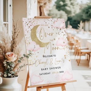 Pink Over the Moon Baby Shower Welcome Sign Template (Digital Download)