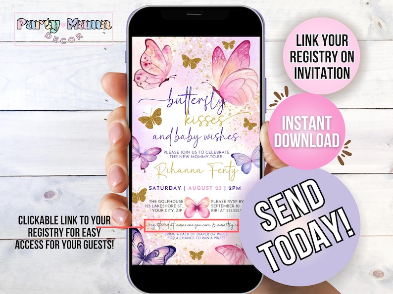 May include: A digital invitation for a baby shower with a pink and purple butterfly theme. The invitation features a pink and purple butterfly with gold glitter accents. The text on the invitation reads "butterfly kisses and baby wishes". The invitation also includes the name "Rihanna Fenty" and the date and time of the event. The invitation is displayed on a smartphone screen.