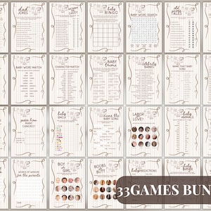 May include: A collection of 33 baby shower games printed on cream-colored paper with brown decorative borders. Games include bingo, trivia, word searches, and matching games. The bundle is labeled "33 GAMES BUNDLE" in a brown oval.