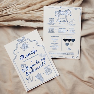 Kaartsjabloon bruidsmeisje voorstel met blauwe strik, met de hand getekend Will You Be My Bridesmaid Invite, toekomstige bruid, info bruidsmeisje voorstel, DIY Canva
