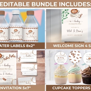 May include: Editable printable set for a baby shower with a coffee theme. Includes water bottle labels, a welcome sign, invitations, cupcake toppers, and a thank you sign. The design features coffee cups, coffee beans, and the text "a baby is brewing".