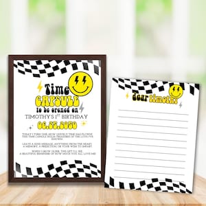Modelo de cápsula do tempo "One Happy Dude", decoração de cápsula do tempo de aniversário editável, placa de mesa para impressão com o primeiro rosto sorridente, HPYD