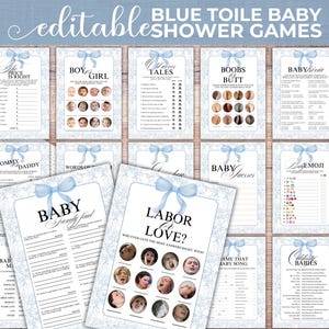Floral Blue Toile Baby Shower Games Template, Editable Dusty Blue Chinoiserie Baby Shower Games Bundle, Vintage Floral Blue Bow Games, BTOI