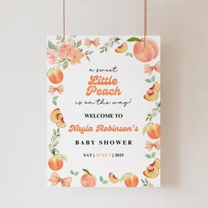 Editable Sweet Little Peach Welcome Poster for Baby Shower | Peach Baby Shower Welcome Sign Template, PCH1
