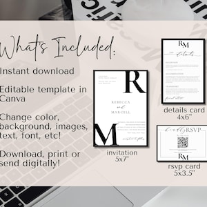 Op de afbeelding: Bewerkbare huwelijksuitnodigingstemplate in Canva. Inclusief een uitnodiging van 12,7 x 17,8 cm, een detailkaart van 10,2 x 15,2 cm en een RSVP-kaart van 12,7 x 8,9 cm. De uitnodiging heeft een zwart-wit ontwerp met de namen en initialen van het paar.