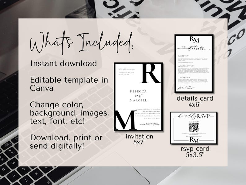 Op de afbeelding: Bewerkbare huwelijksuitnodigingstemplate in Canva. Inclusief een uitnodiging van 12,7 x 17,8 cm, een detailkaart van 10,2 x 15,2 cm en een RSVP-kaart van 12,7 x 8,9 cm. De uitnodiging heeft een zwart-wit ontwerp met de namen en initialen van het paar.