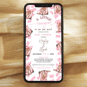 Pink Cowgirl Boots Evite Template, Editable Text Message Country Pink Bow Baby Shower Invitation, Editable Pink Coquette Country Baby Evite