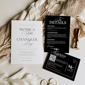 Modello di invito per matrimonio classico, invito elegante modificabile, dettagli, scheda Rsvp con codice QR, estetica per matrimonio in bianco e nero