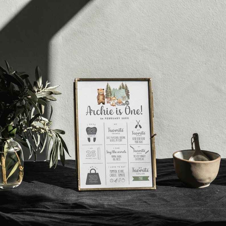 May include: A printable milestone chart for a one-year-old boy named Archie. The chart features a woodland theme with bears, a tent, and a campfire. It includes details like the number of teeth, height, weight, favorite things, and favorite color. The chart is framed in gold.