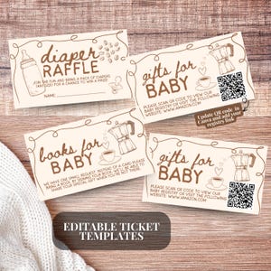 Op de afbeelding: Cr&egrave;mekleurige babyborrelkaarten met bruine tekst en illustraties. De kaarten bevatten teksten als "Diaper Raffle", "Gifts for Baby" en "Books for Baby". QR-codes en de tekst "Editable Ticket Templates" zijn ook aanwezig.