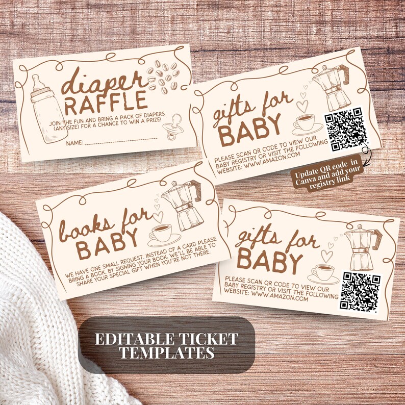 Op de afbeelding: Cr&egrave;mekleurige babyborrelkaarten met bruine tekst en illustraties. De kaarten bevatten teksten als "Diaper Raffle", "Gifts for Baby" en "Books for Baby". QR-codes en de tekst "Editable Ticket Templates" zijn ook aanwezig.
