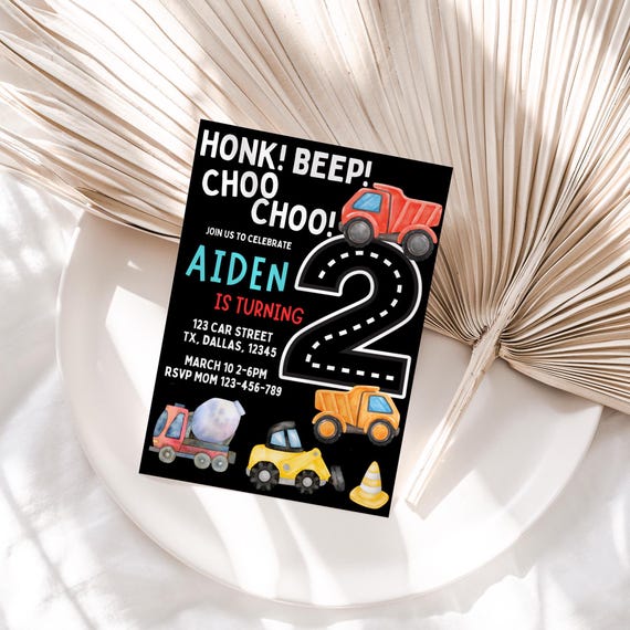 Truck 2nd Birthday Invitation, Editable Birthday Card Template