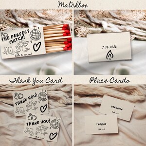 May include: A white matchbox with a black and white illustration of a disco ball, two figures dancing, and the text "The Perfect Match! Bella & Conrad". The matchbox also has a date, "7.16.2026", and a symbol that looks like a stylized tree.
