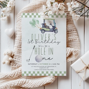 EDITABLE Golf 1st Birthday Invitation Template, Hole in One First Birthday Invite Boy, Hole in One Birthday Invite with Golf Cart Balloons