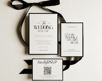 Classic Old Money Wedding Template Suite, Luxury Black White Invitation Set, Editable Elegant Modern Minimalist Wedding Invites