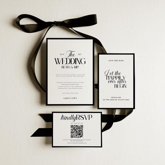 Classic Old Money Wedding Template Suite, Luxury Black White Invitation Set, Editable Elegant Modern Minimalist Wedding Invites