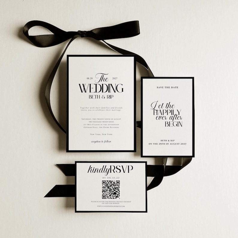 Classic Old Money Wedding Template Suite, Luxury Black White Invitation Set, Editable Elegant Modern Minimalist Wedding Invites