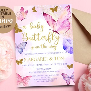 May include: A baby shower invitation with a purple and pink watercolor background featuring butterflies and gold glitter. The text reads "a baby Butterfly is on the way" and includes the names "Margaret & Tom" and the date "Saturday, September 29, from 1-4pm".