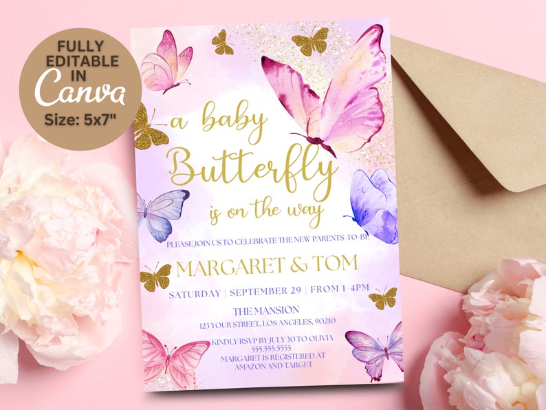 May include: A baby shower invitation with a purple and pink watercolor background featuring butterflies and gold glitter. The text reads "a baby Butterfly is on the way" and includes the names "Margaret & Tom" and the date "Saturday, September 29, from 1-4pm".