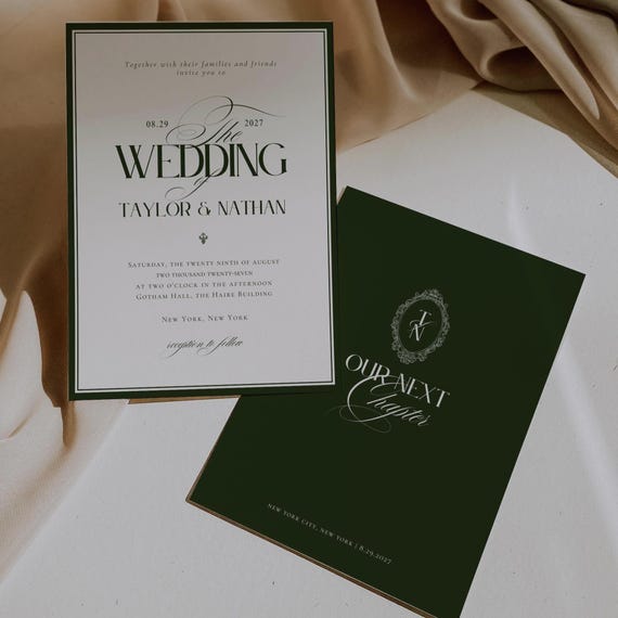 Old Money Invite Set, Full Wedding Suite, Editable Template, Olive Green, Classic Estate