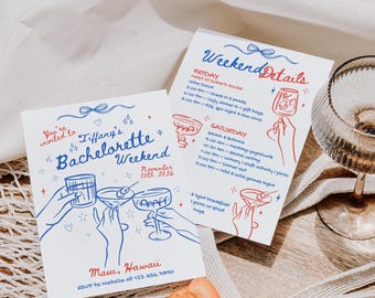 Bachelorette Invitation Template, Editable Itinerary Hens Party Invite, Whimsical Theme