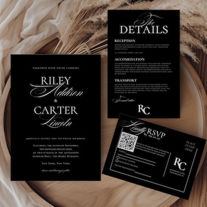 Plantilla elegante de invitación de boda en negro, invitación clásica editable, detalles, tarjeta RSVP con código QR, estética de boda en negro