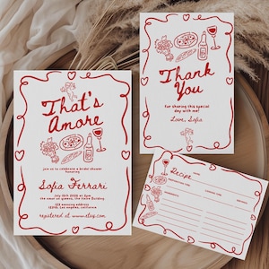 That's Amore Bridal Shower Invitation Set, Editable Italian Whimsical Hand Drawn Bridal Shower Invite, Thank You, Recipe Card Templates,HDW9