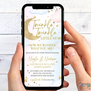 Faire-part de révélation de sexe électronique Twinkle Twinkle Little Star, modèle mobile de fête de révélation de sexe, modifiable lui ou elle Evite, TWK1