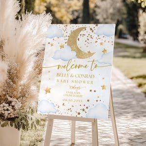 Placa de boas-vindas AZUL Twinkle Little Star para festa de chá de bebê, placa de quintal Sprinkle Stars, placa de boas-vindas Gold Moon Blue Clouds Baby Shower, BTWK