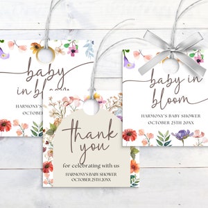 Baby in Bloom Thank You Tag Template, Editable Wildflower Favor Tags Template, Wildflower Round Tag Square Tag, Floral Tag Template, BIB2