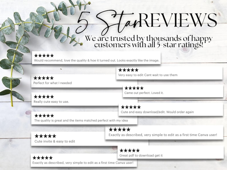 May include: A collage of customer reviews with five stars and positive comments about the quality and ease of use of a product. The text includes phrases like "Would recommend", "Perfect for what I needed", "Really cute easy to use", "Very easy to edit", "Came out perfect", "Cute and easy download/edit", "The quality is great", "Cute invite & easy to edit", "Exactly as described", "Great pdf to download".