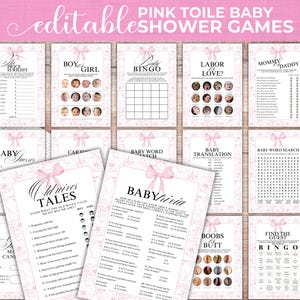 Floral Pink Toile Baby Shower Games Template, Editable Chinoiserie Baby Shower Games Bundle, Vintage Floral Pink Bow Games, PTOI