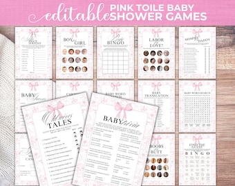 Editable Floral Pink Toile Baby Shower Games Template Bundle, Chinoiserie Theme, PTOI