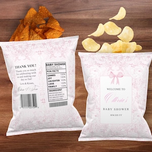 Plantilla para bolsa de papas fritas en toile de jouy rosa, envoltorio de papas fritas imprimible y editable, obsequio para fiesta de baby shower en toile rosa, bolsa de papas fritas estilo chinoiserie, PTOI