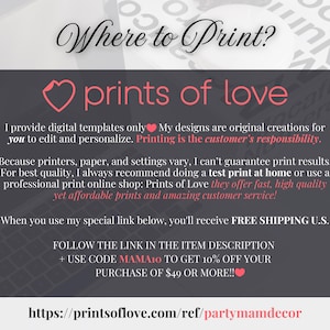 Może przedstawiać: Grafika promocyjna z tekstem &bdquo;Where to Print?&rdquo; i &bdquo;prints of love&rdquo;. Grafika zawiera informacje o szablonach cyfrowych i usługach drukowania, w tym kod rabatowy i adres strony internetowej.