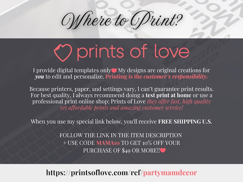 Może przedstawiać: Grafika promocyjna z tekstem &bdquo;Where to Print?&rdquo; i &bdquo;prints of love&rdquo;. Grafika zawiera informacje o szablonach cyfrowych i usługach drukowania, w tym kod rabatowy i adres strony internetowej.